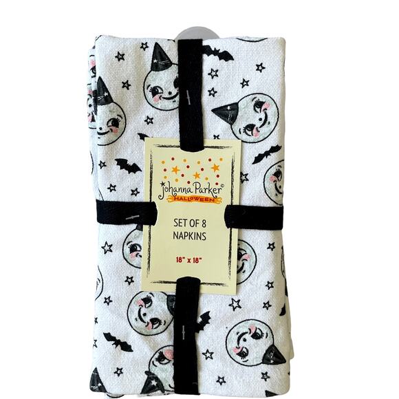 Johanna Parker Smiling Moon Halloween Cotton Napkins 18x18 Set of 8 New - Picture 1 of 10